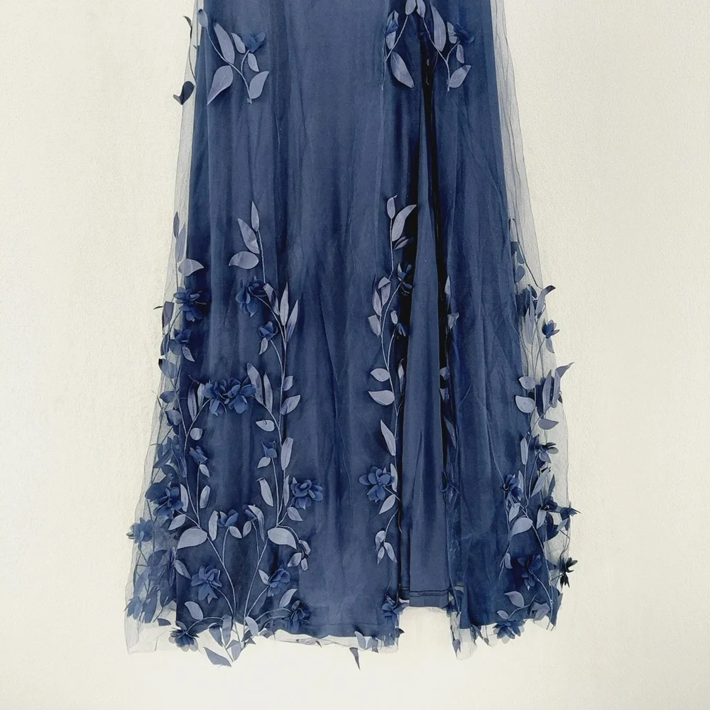 NEW Lulus Regal Poise Navy Blue 3D Floral Applique One-Shoulder Maxi Dress P3433 - Picture 3 of 10